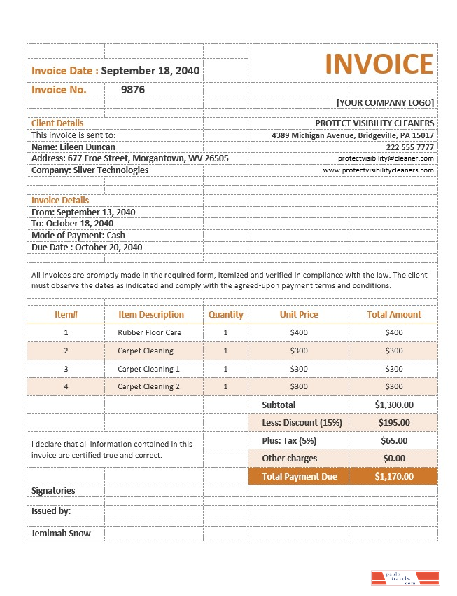 Cleaning Service Invoice Form Template PSD template